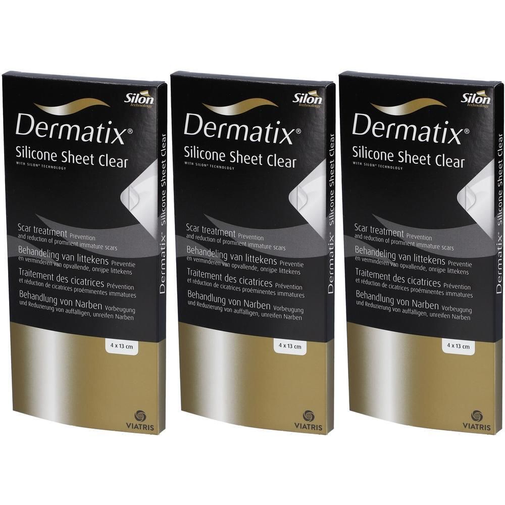 Trois paquets de Dermatix Silicone Sheet Clear, 4x13 cm. Pour le traitement des cicatrices.