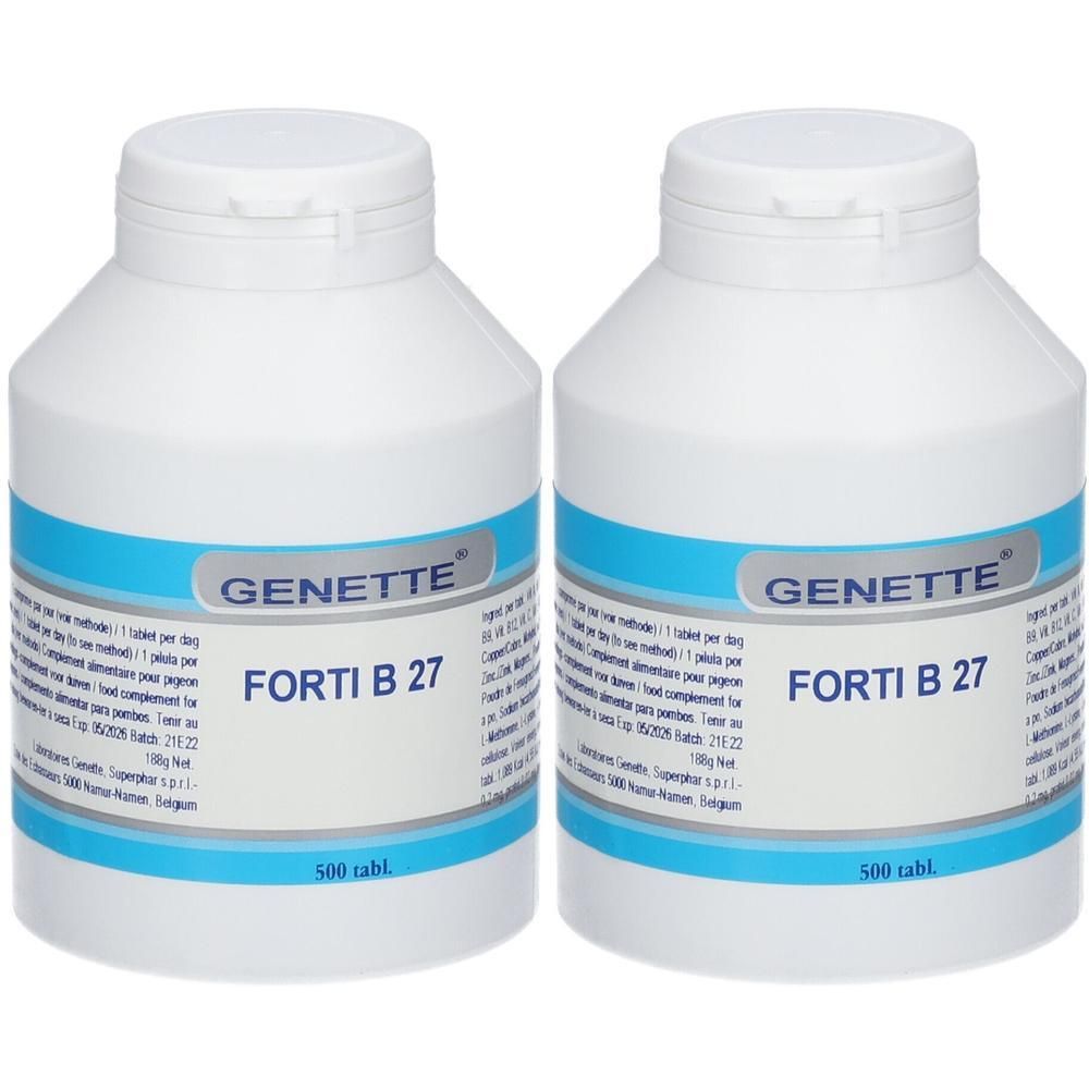Deux contenants blancs avec étiquettes bleues indiquant Forti B 27 et Genette. 500 comprimés par contenant.