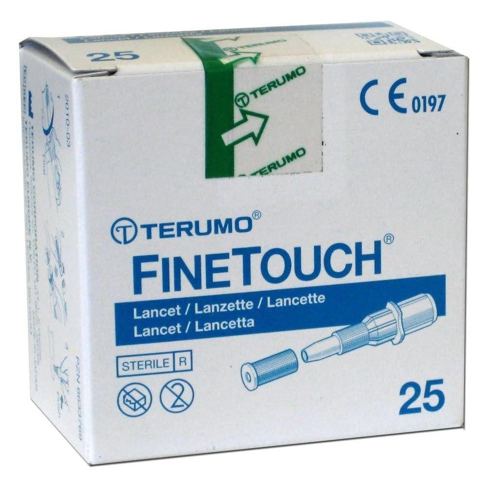 Doos met 25 steriele Terumo Finetouch lancetten. CE 0197 markering.
