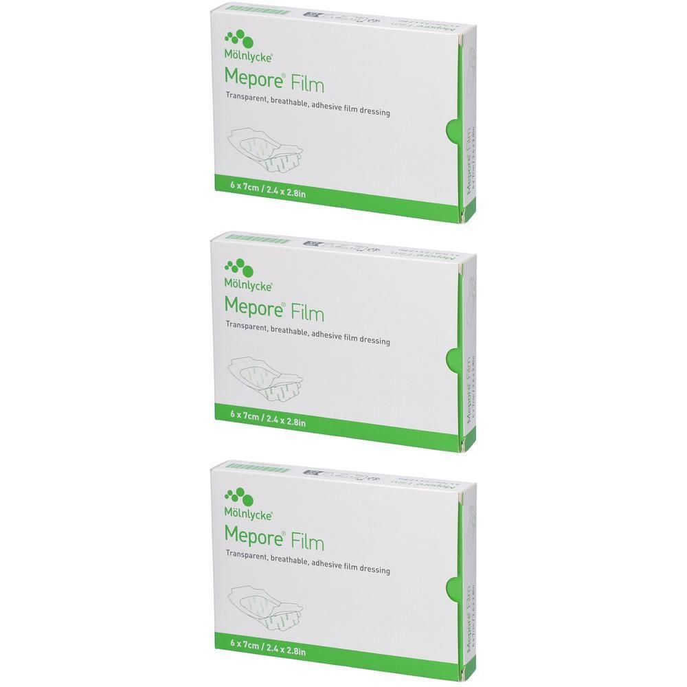 Trois boîtes de Mepore Film, pansements adhésifs transparents et respirants.