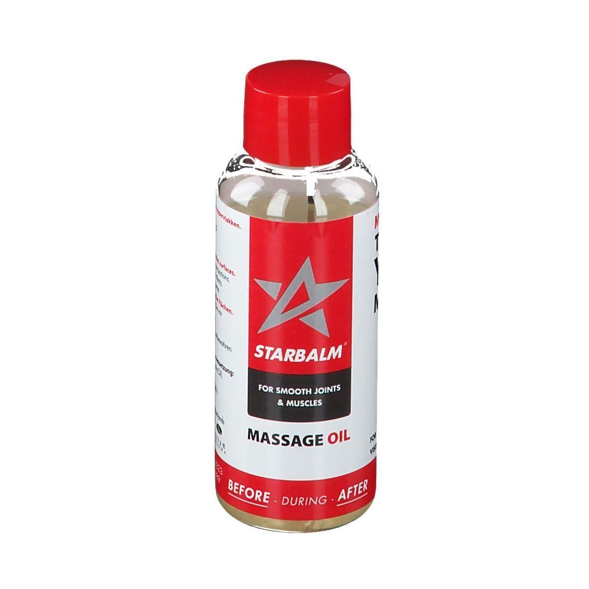 Starbalm massageolie in doorzichtige fles met rode dop. Etiket met rode ster en tekst.