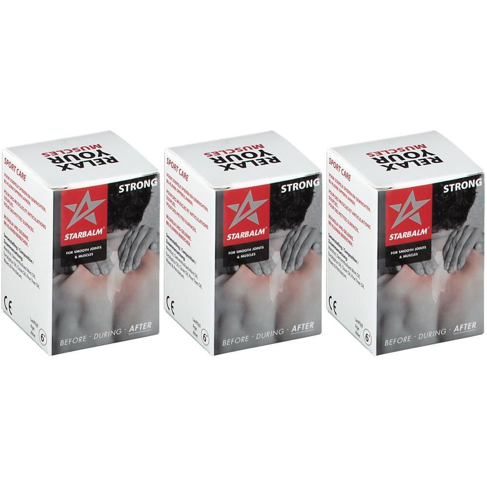 Trois boîtes de STARBALM STRONG avec logo étoile et image de dos.