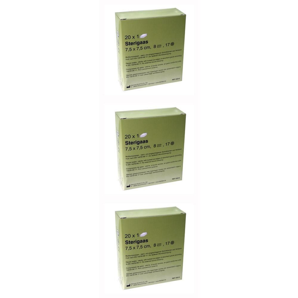 Trois boîtes de compresses Sterigaas 7,5 cm x 7,5 cm.