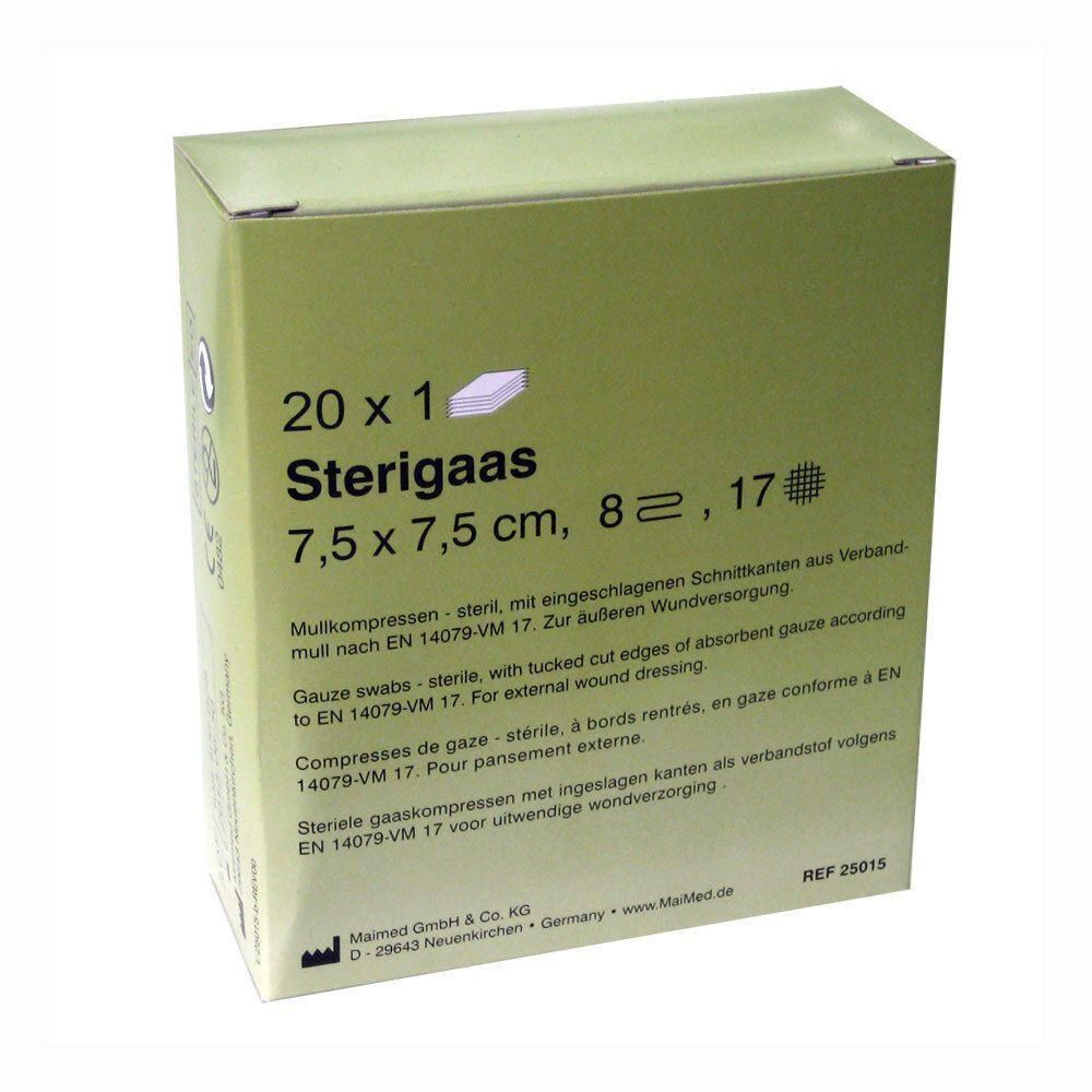 Compresse de gaze stérile Sterigaas, 7,5 x 7,5 cm. 20 pièces.