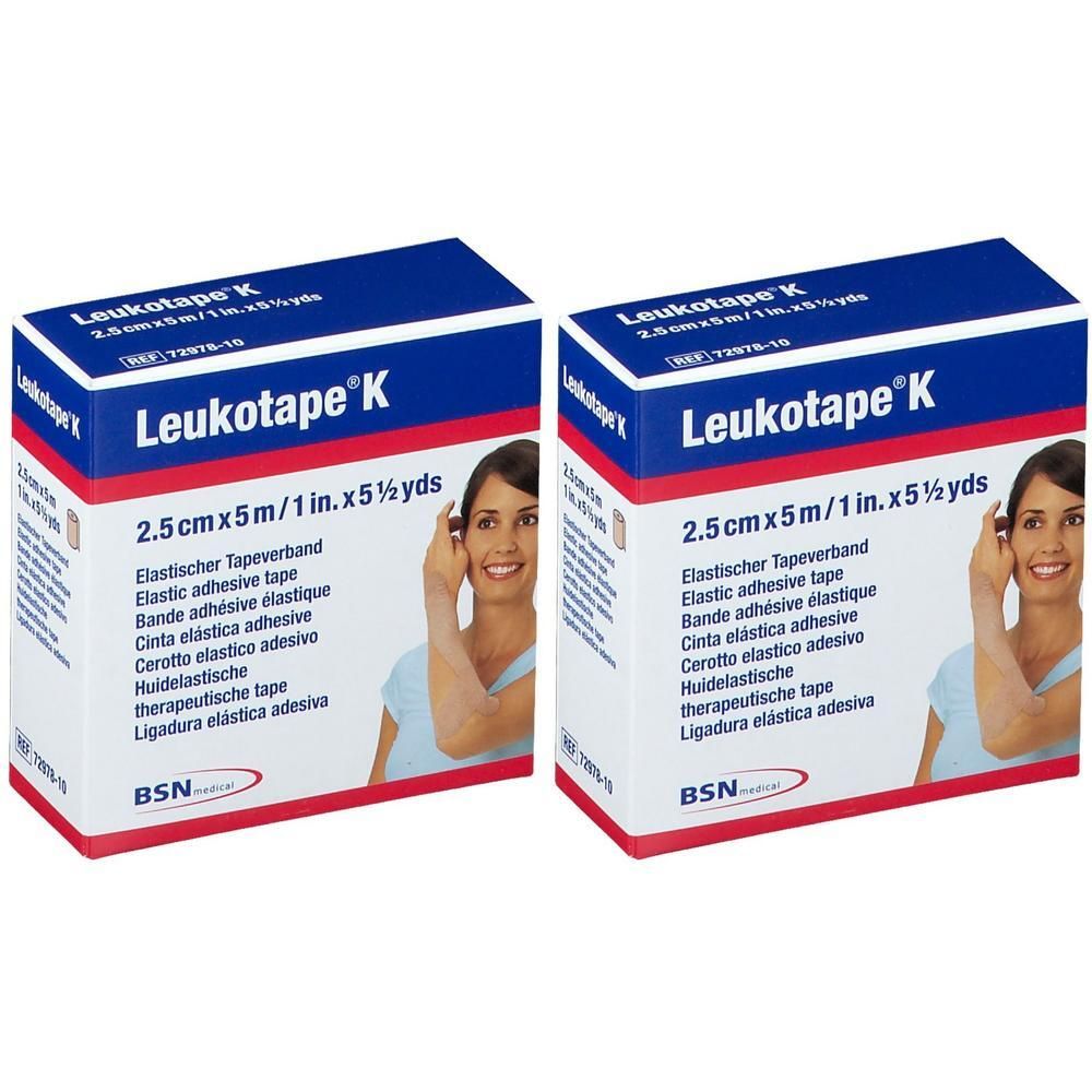Deux paquets de Leukotape K, bande adhésive élastique, couleur peau, 2,5cm x 5m.