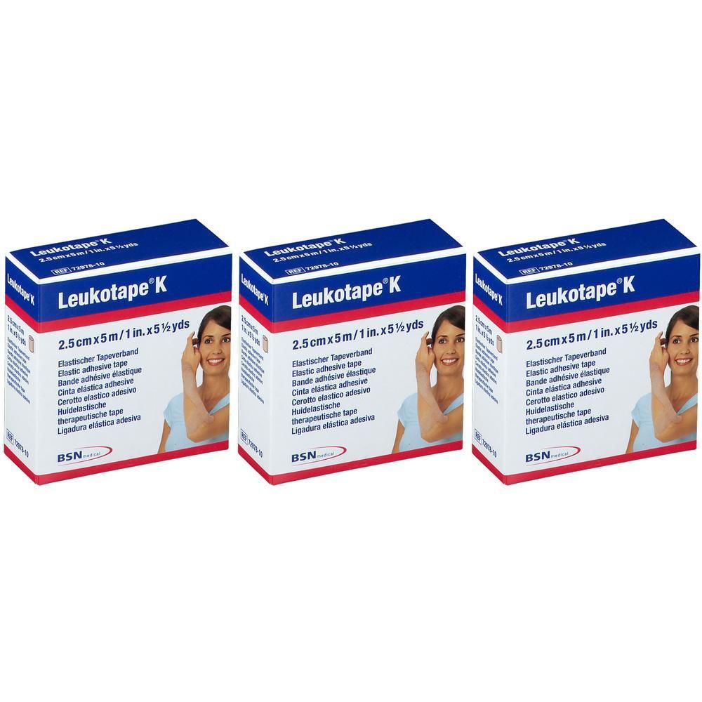 Drie pakken Leukotape K, 2,5cm x 5m, huidkleurig. Elastisch tape voor therapeutisch gebruik.