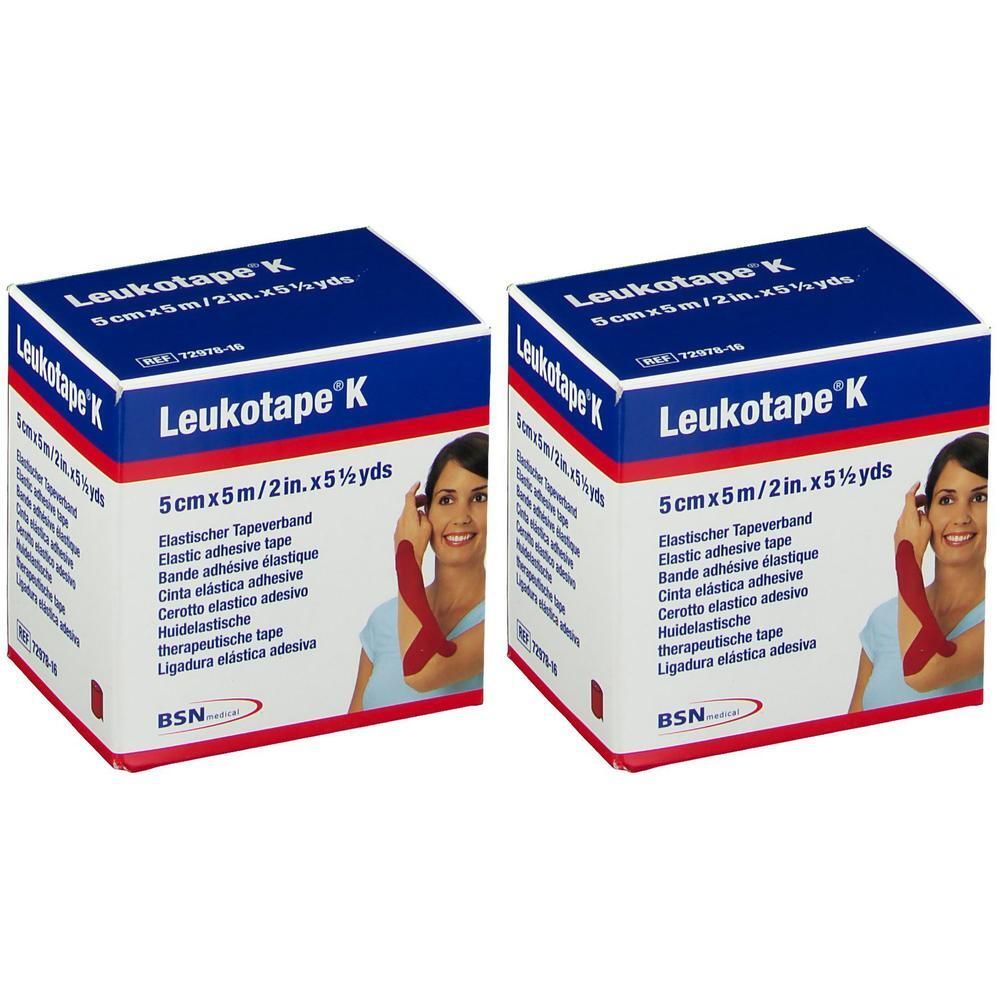 Deux paquets de Leukotape K, 5cm x 5m, bande adhésive élastique.