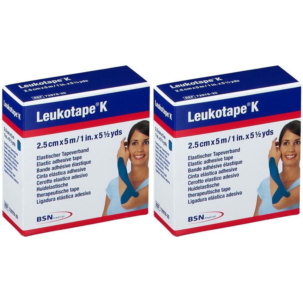 Deux paquets de Leukotape K, 2,5cm x 5m. Bande adhésive élastique à usage thérapeutique.