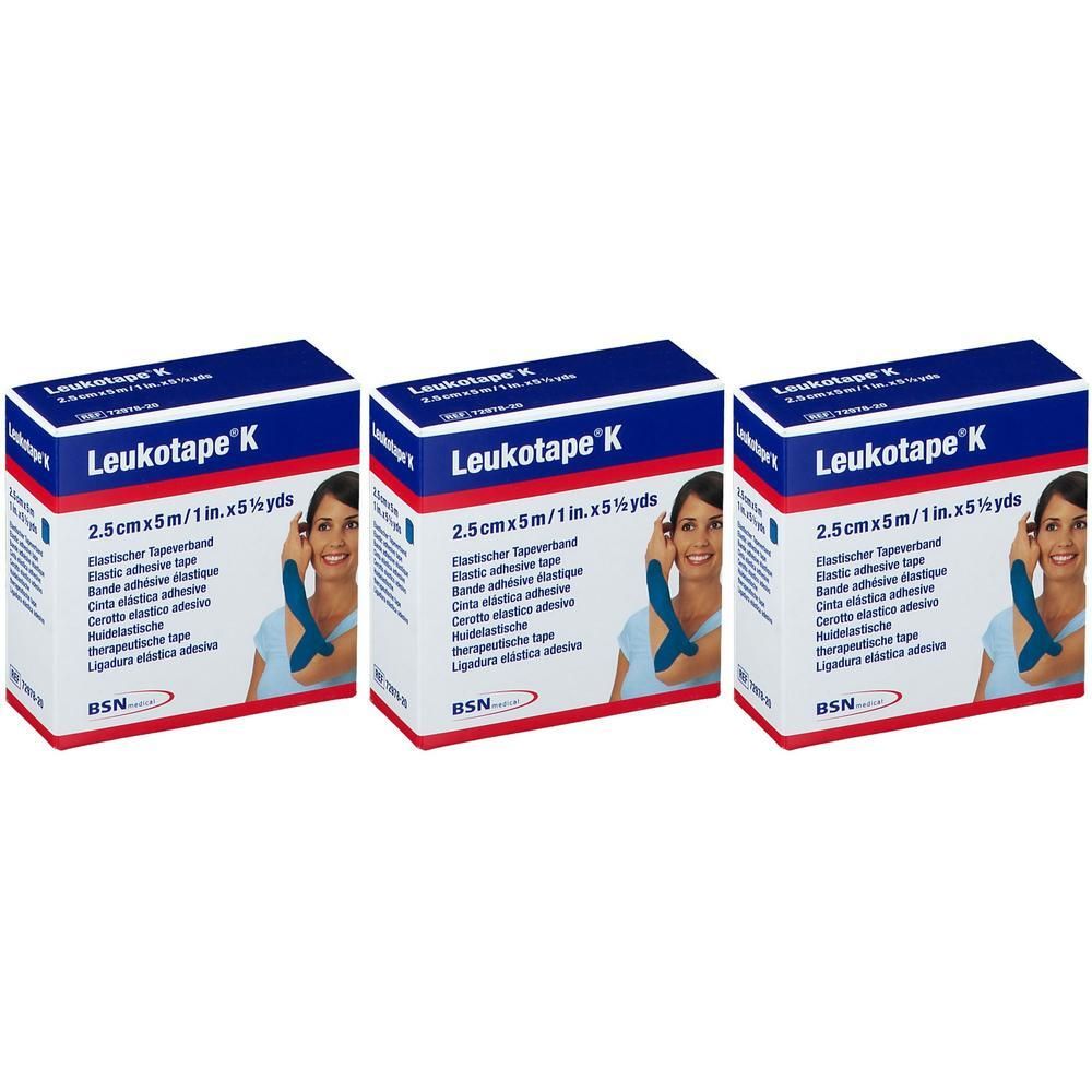 Drie pakken Leukotape K, elastisch tape, 2,5cm x 5m.