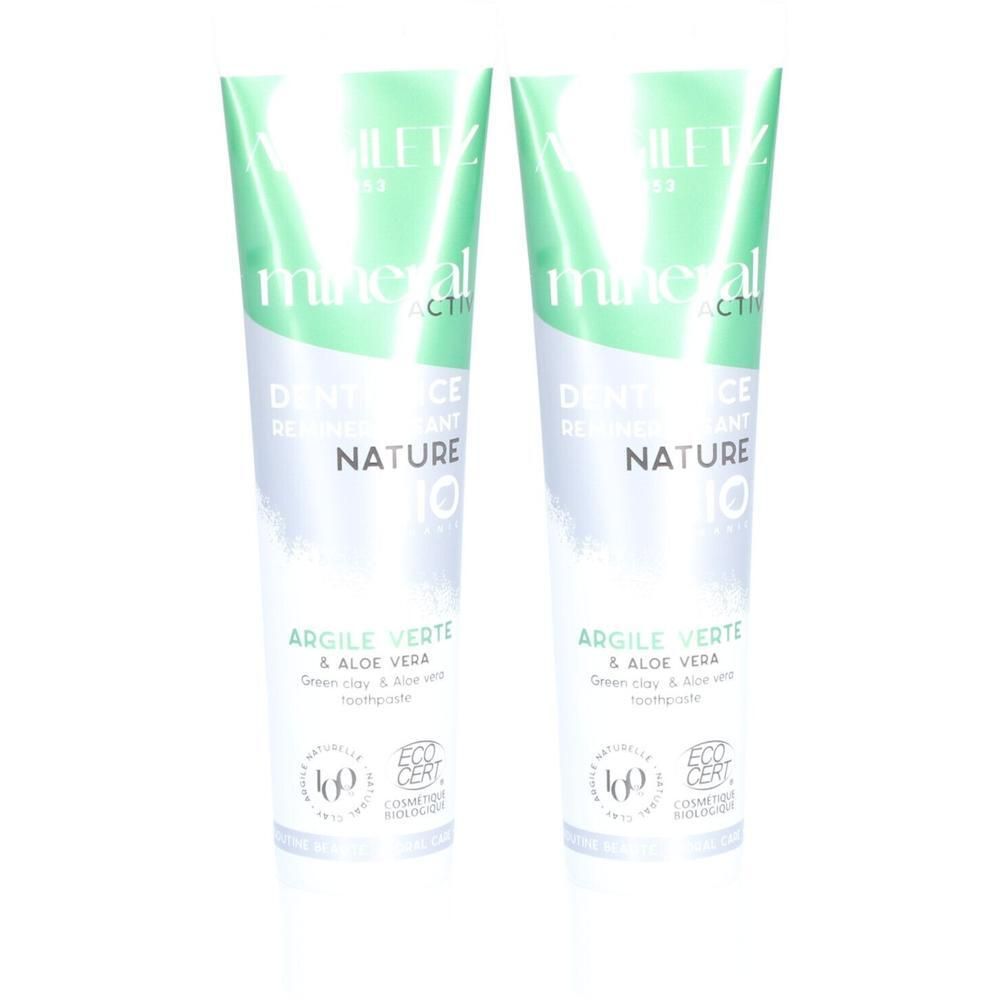 Deux tubes de dentifrice Argiletz à l'Aloe Vera et à l'argile verte.