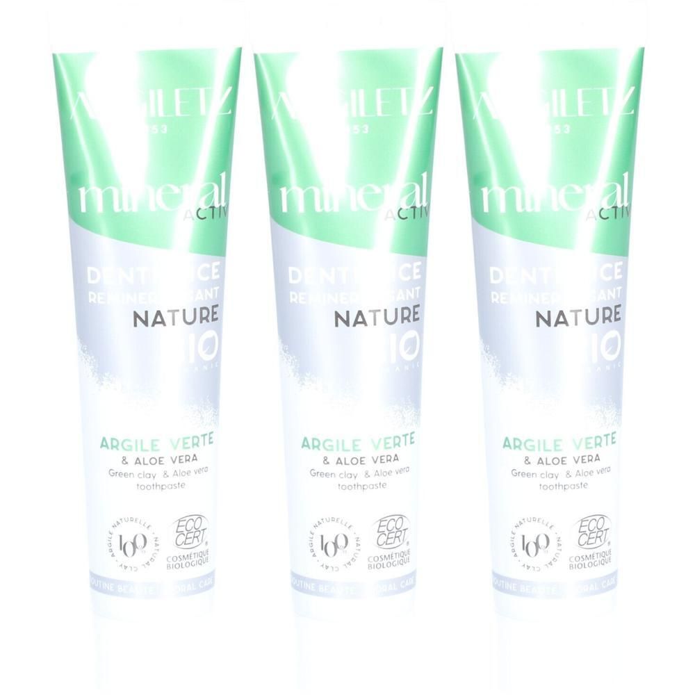 Drie tubes Argiletz tandpasta met Aloë Vera en groene klei. Met "Nature 10" en bio-certificeringen.