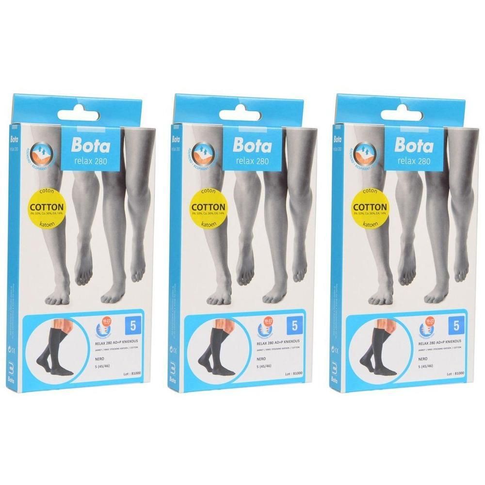 Drie pakken Bota Relax 280 compressiekousen, katoen, zwart, maat 5.