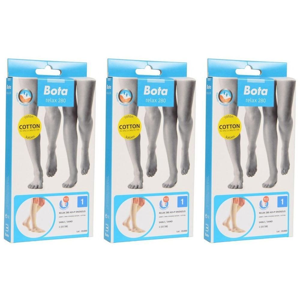 Trois paquets de bas de compression Bota Relax 280, taille 1, couleur sable. Image montrant des jambes portant des bas.