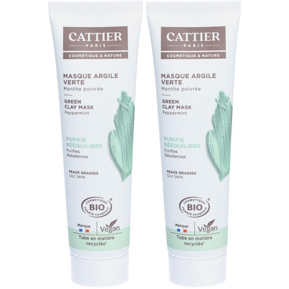 Twee Cattier Groene Klei Maskers met pepermunt voor de vette huid. BIO en Vegan gecertificeerd.