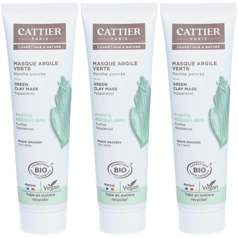 Drie tubes Cattier Groene Klei Masker met pepermunt voor de vette huid. BIO en Vegan keurmerken.