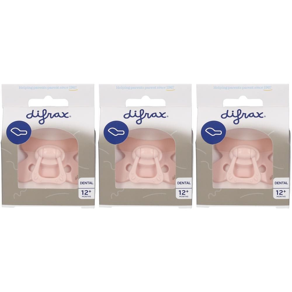 Trois sucettes Difrax Dental roses, 12+ mois, en emballages individuels.