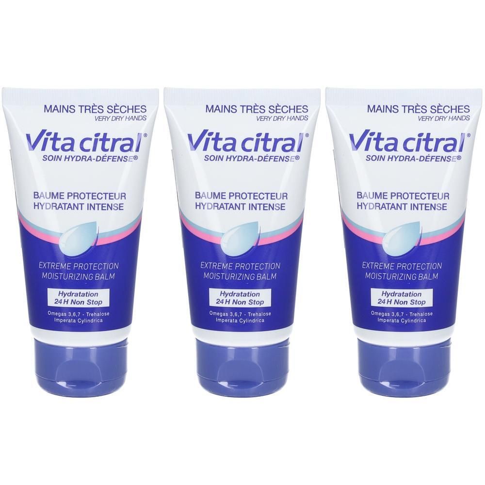 Drie Vita Citral handbalsem tubes voor zeer droge handen, blauwe dop, roze-blauwe accenten.