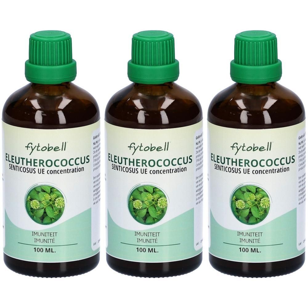Trois flacons en verre brun avec bouchon vert, Fytobell Eleutherococcus Senticosus UE concentration, 100 ml.