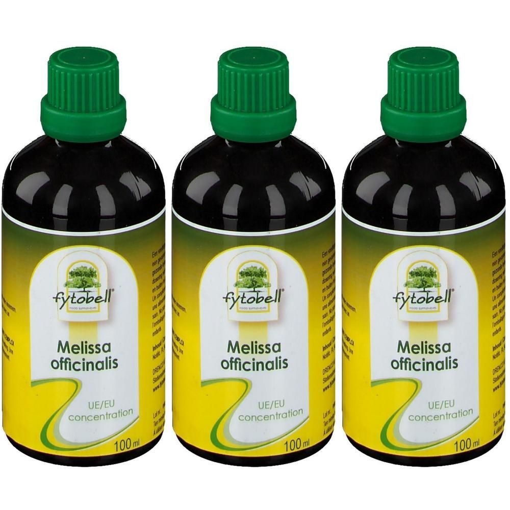 Trois flacons Fytobell Melissa officinalis UE/EU concentration 100ml avec bouchons verts.