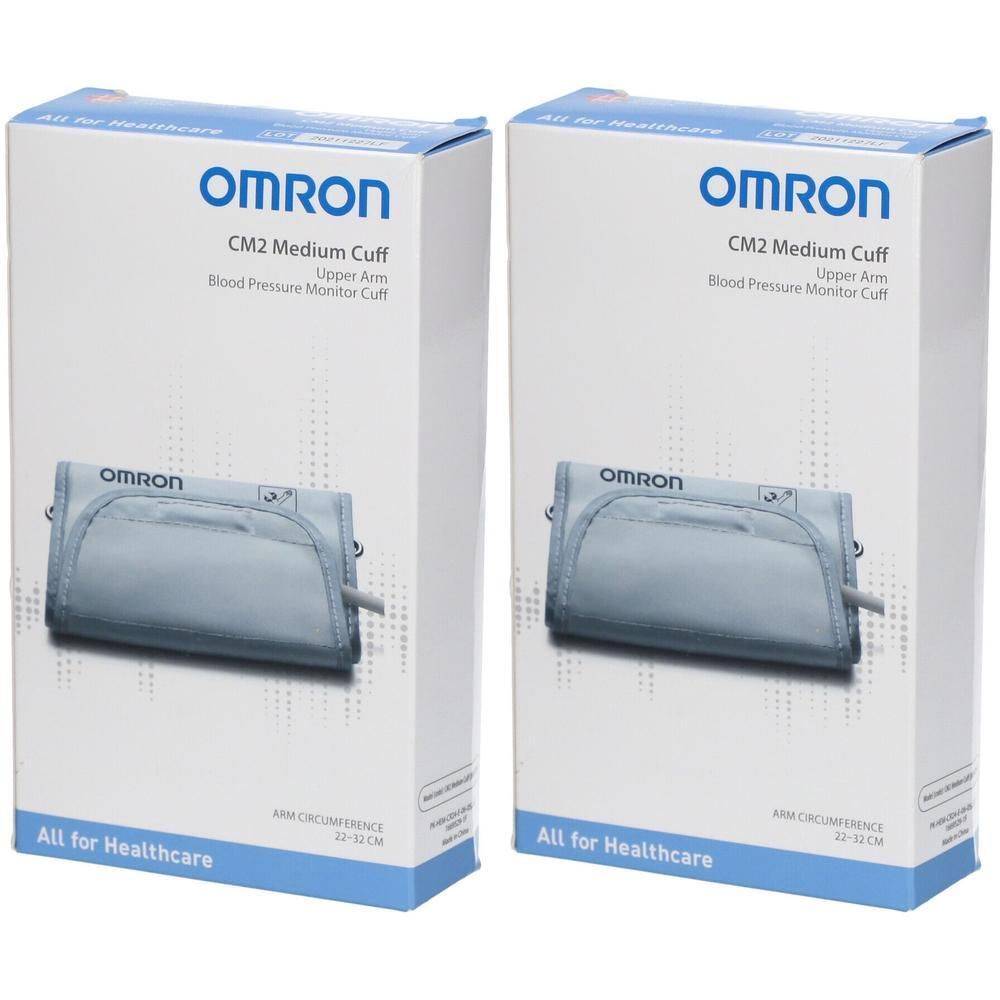 Twee Omron CM2 Medium manchetten voor bovenarm bloeddrukmeters, verpakt in dozen.