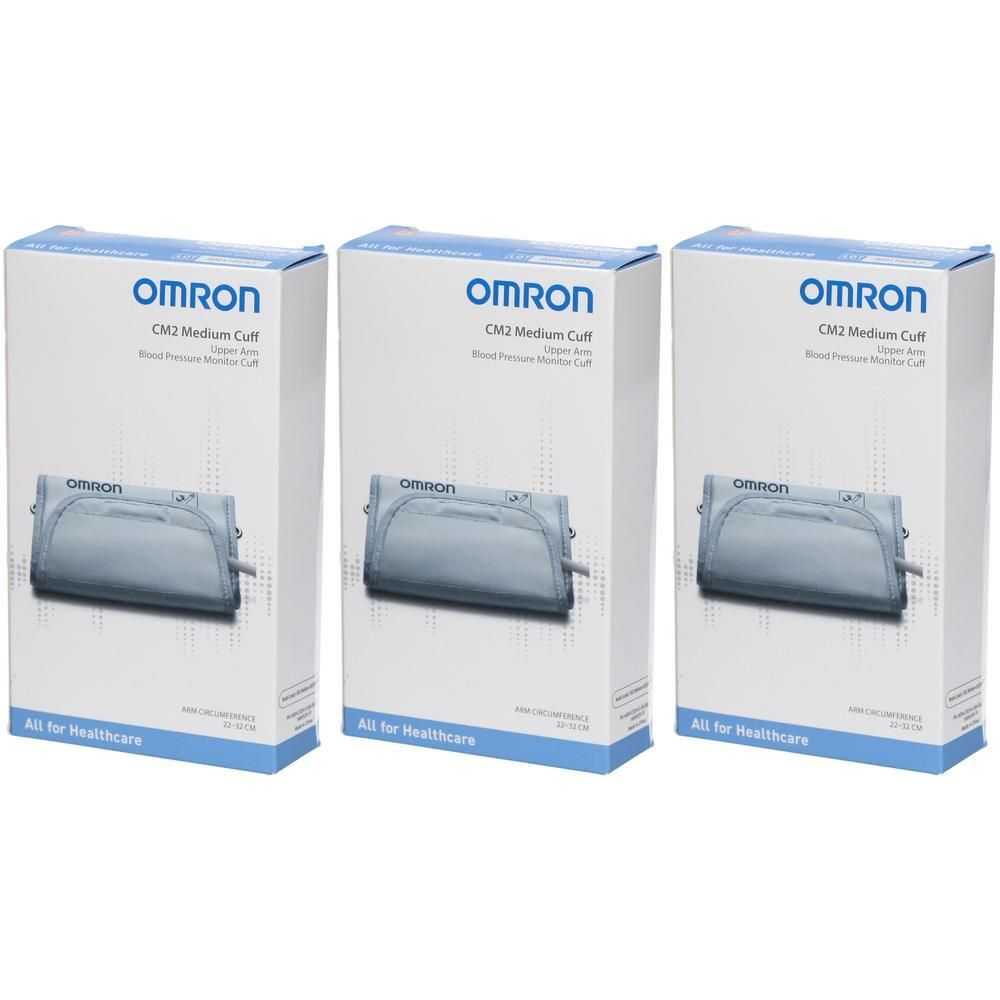 Trois brassards Omron CM2 Medium pour tensiomètre, emballés dans des boîtes.