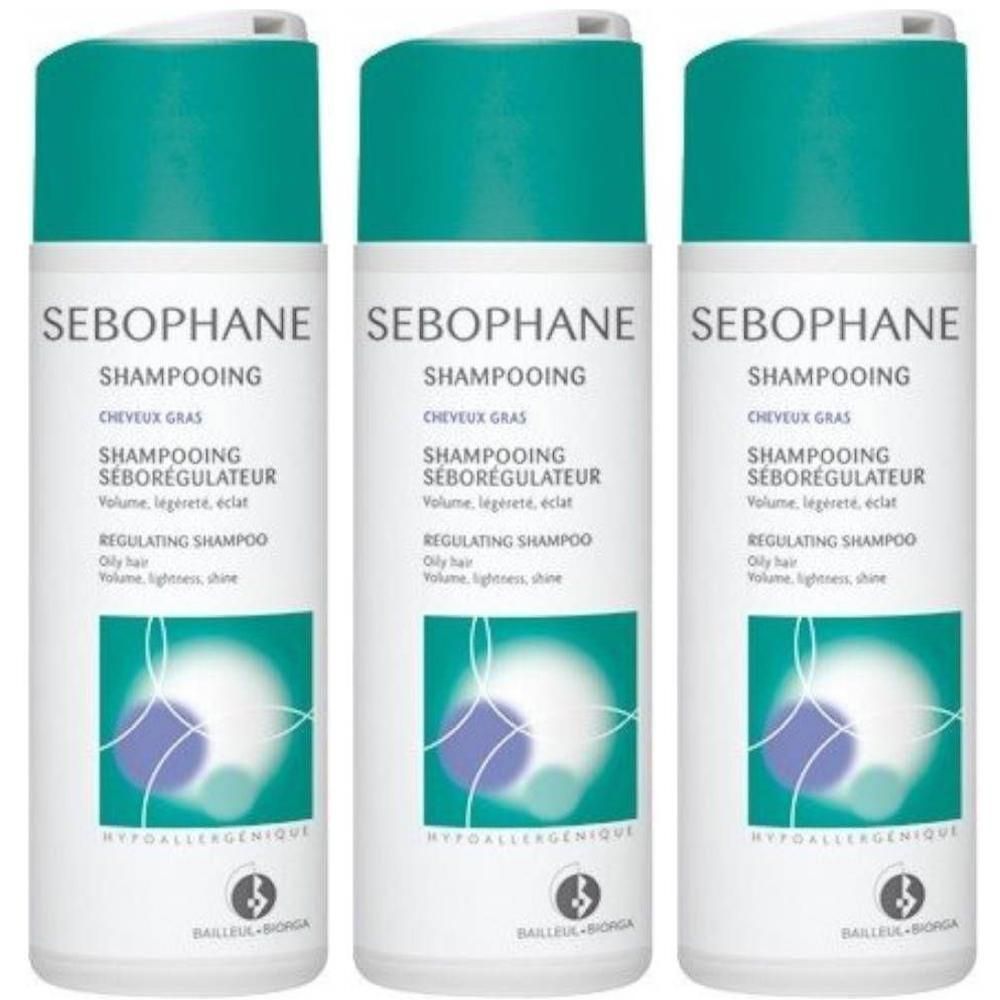 Trois flacons de Sebophane Shampooing Séborégulateur pour cheveux gras. Blanc et turquoise.