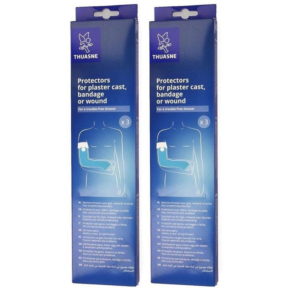 Deux paquets de protections Thuasne pour bras, plâtre, bandage ou plaie. Contient 3 pièces par paquet.
