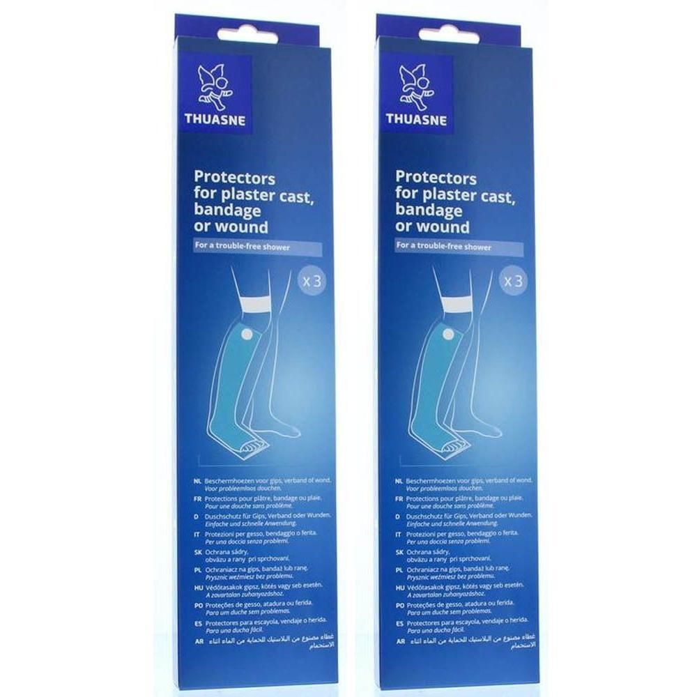 Twee verpakkingen Thuasne beschermers voor gips, verband of wond voor de douche.