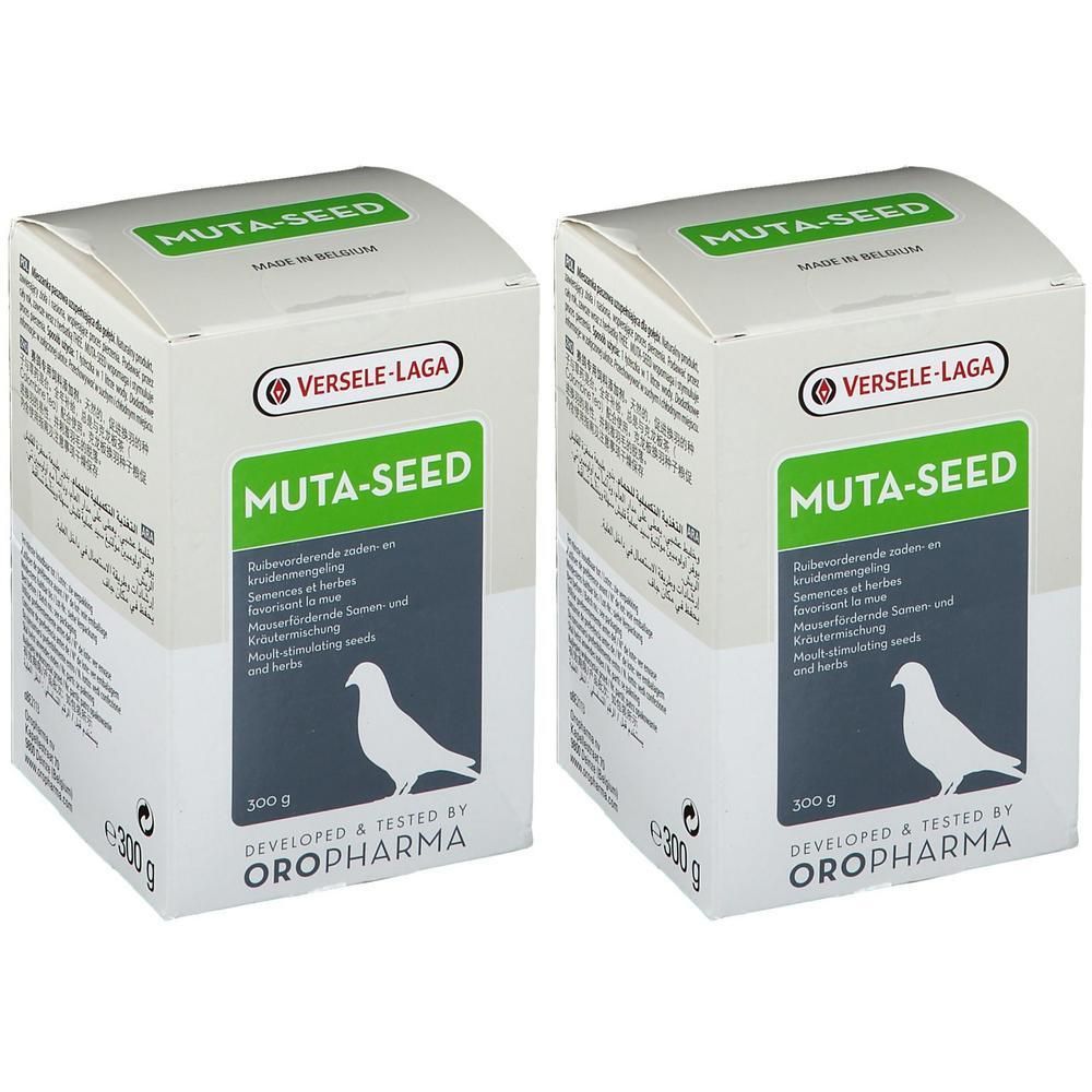 Deux boîtes de Muta-Seed, 300g chacune. Contient des graines et des herbes pour pigeons.