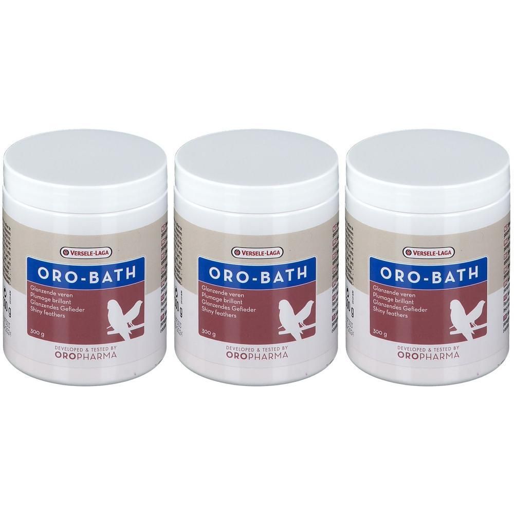 Drie Oro-Bath potten, 200g. Met vogelmotief en productinformatie.
