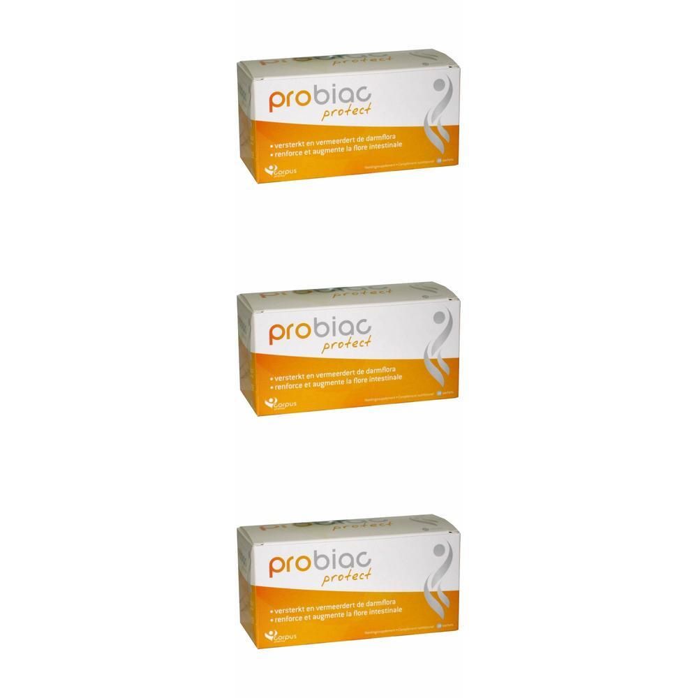 Trois boîtes de Probiac Protect, emballage orange et blanc avec inscription.
