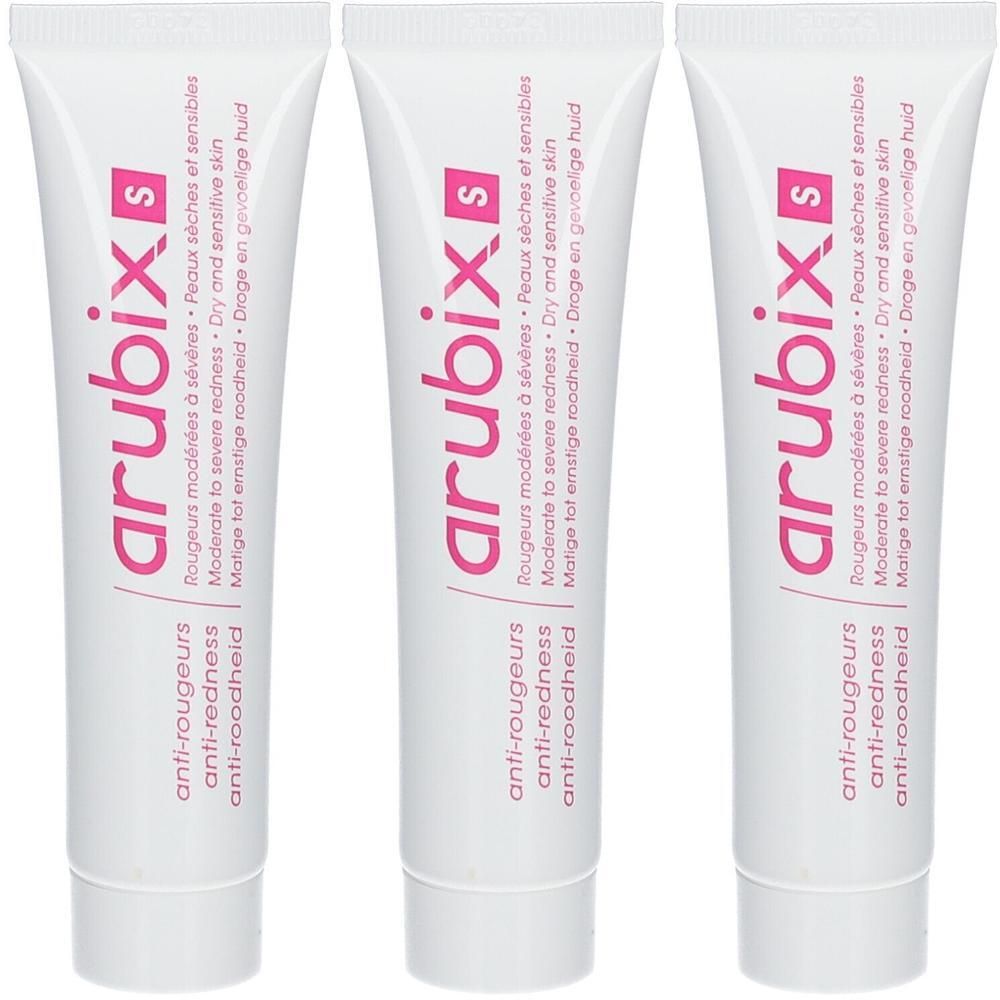 Trois tubes blancs Arubix S Anti-rougeurs pour peaux sèches et sensibles.