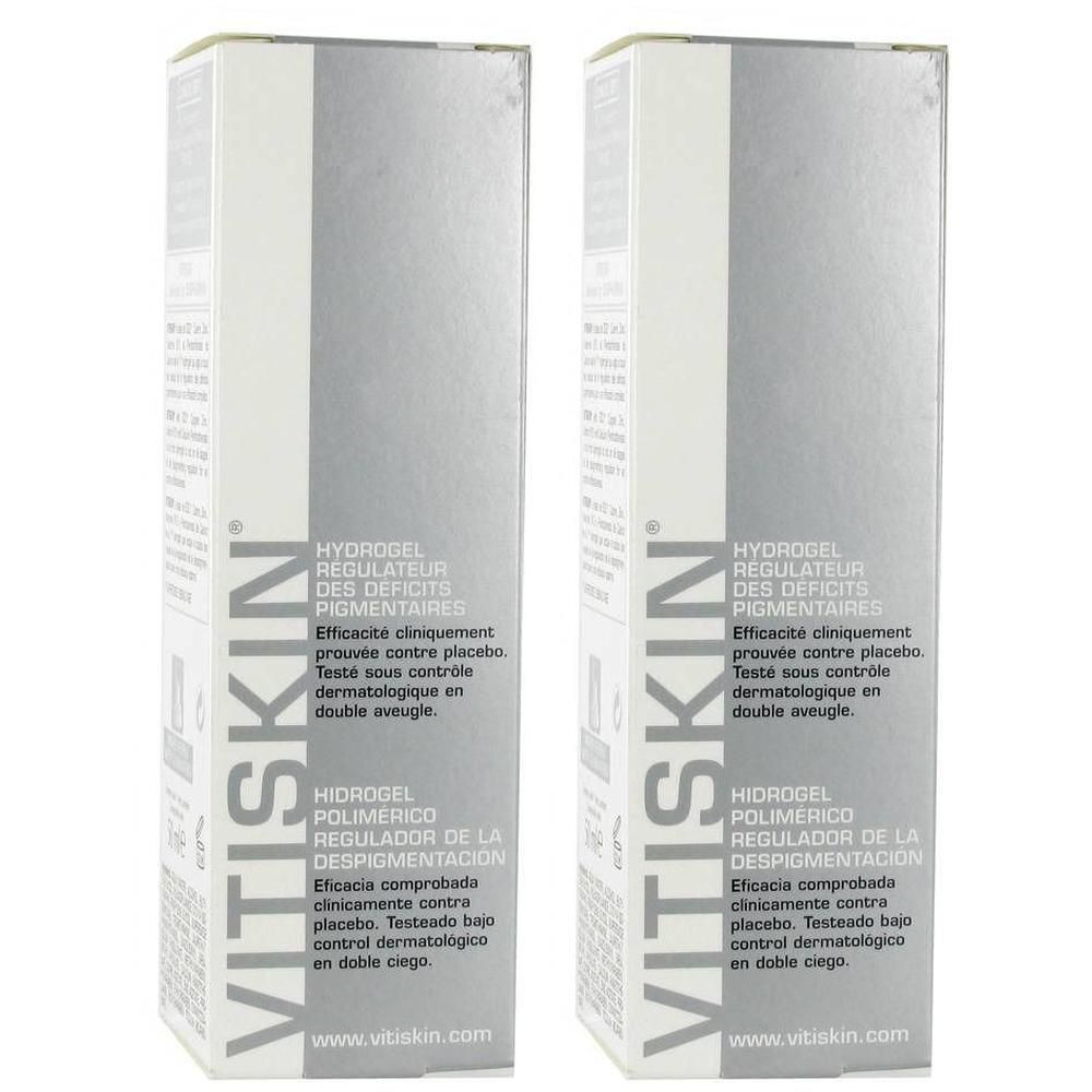 Deux emballages de Vitiskin Hydrogel pour réguler les déficits pigmentaires.