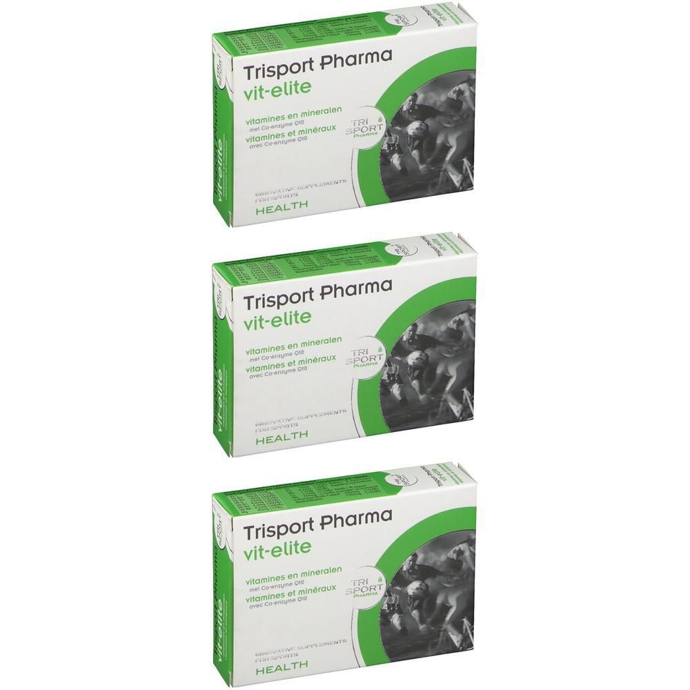 Trois boîtes de Trisport Pharma Vit-Elite, vitamines et minéraux.