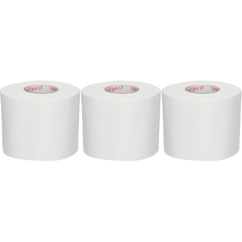 Trois rouleaux de ruban adhésif blanc, chacun avec l'inscription rouge 'Leukoplast pro LF'.