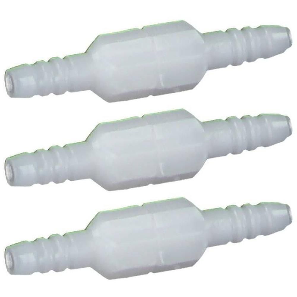 Drie witte plastic slangkoppelingen met geribbelde uiteinden.
