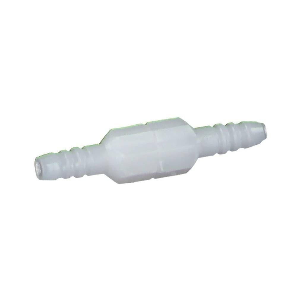 Witte, achthoekige slangconnector met twee geribbelde uiteinden voor zuurstofslangen.