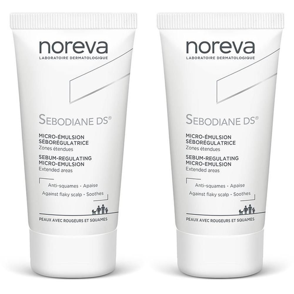 Deux tubes Noreva Sebodiane DS Micro-Émulsion Séborégulatrice pour zones étendues. Apaise peaux avec rougeurs et squames.