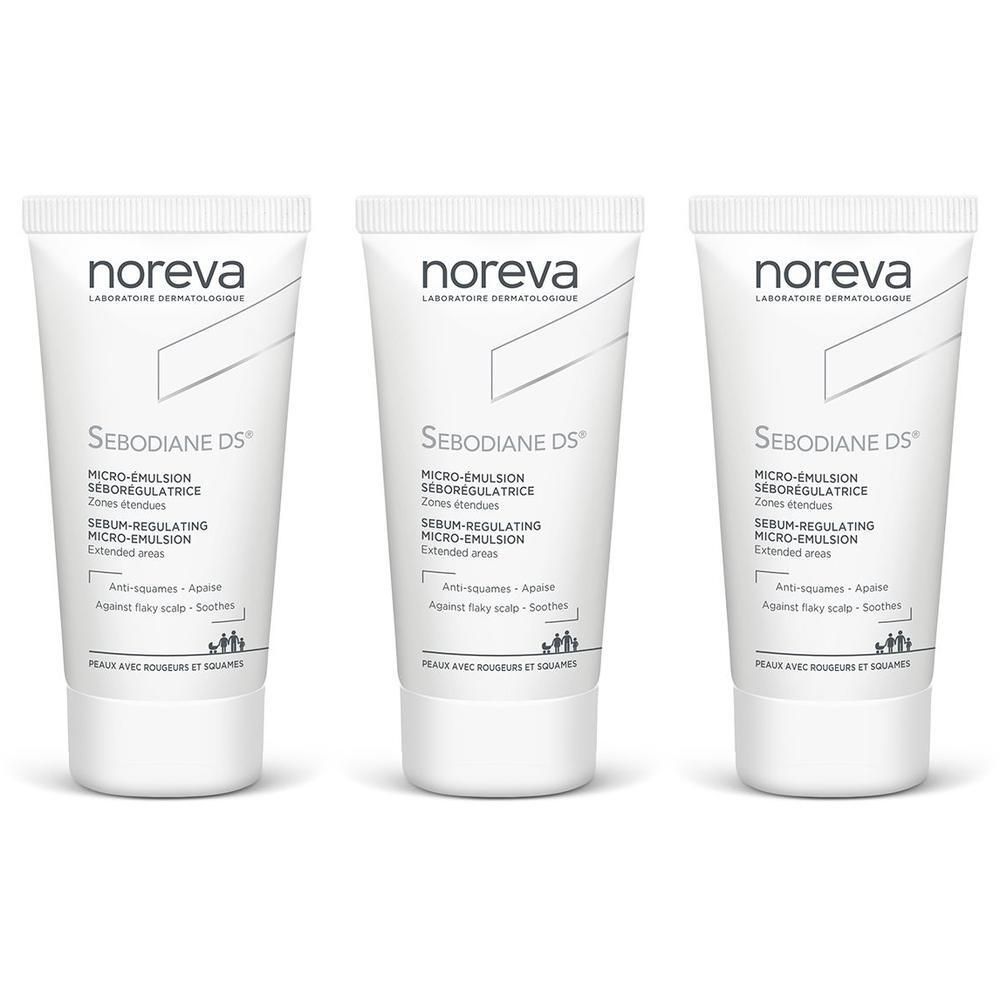 Drie Noreva Sebodiane DS tubes met talgregulerende micro-emulsie.