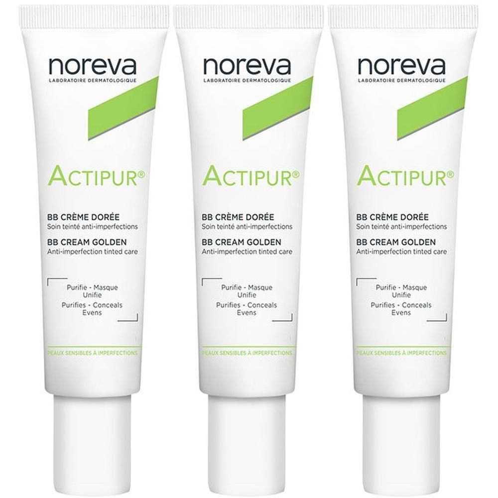 Trois tubes de Noreva Actipur BB Crème Dorée, soin teinté anti-imperfections.