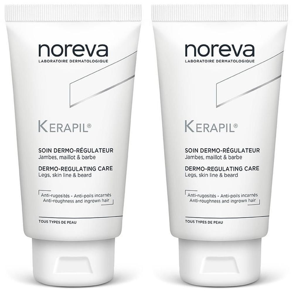 Twee witte tubes Noreva Kerapil Dermo-Regulerende Verzorging voor benen, oksels en baard.