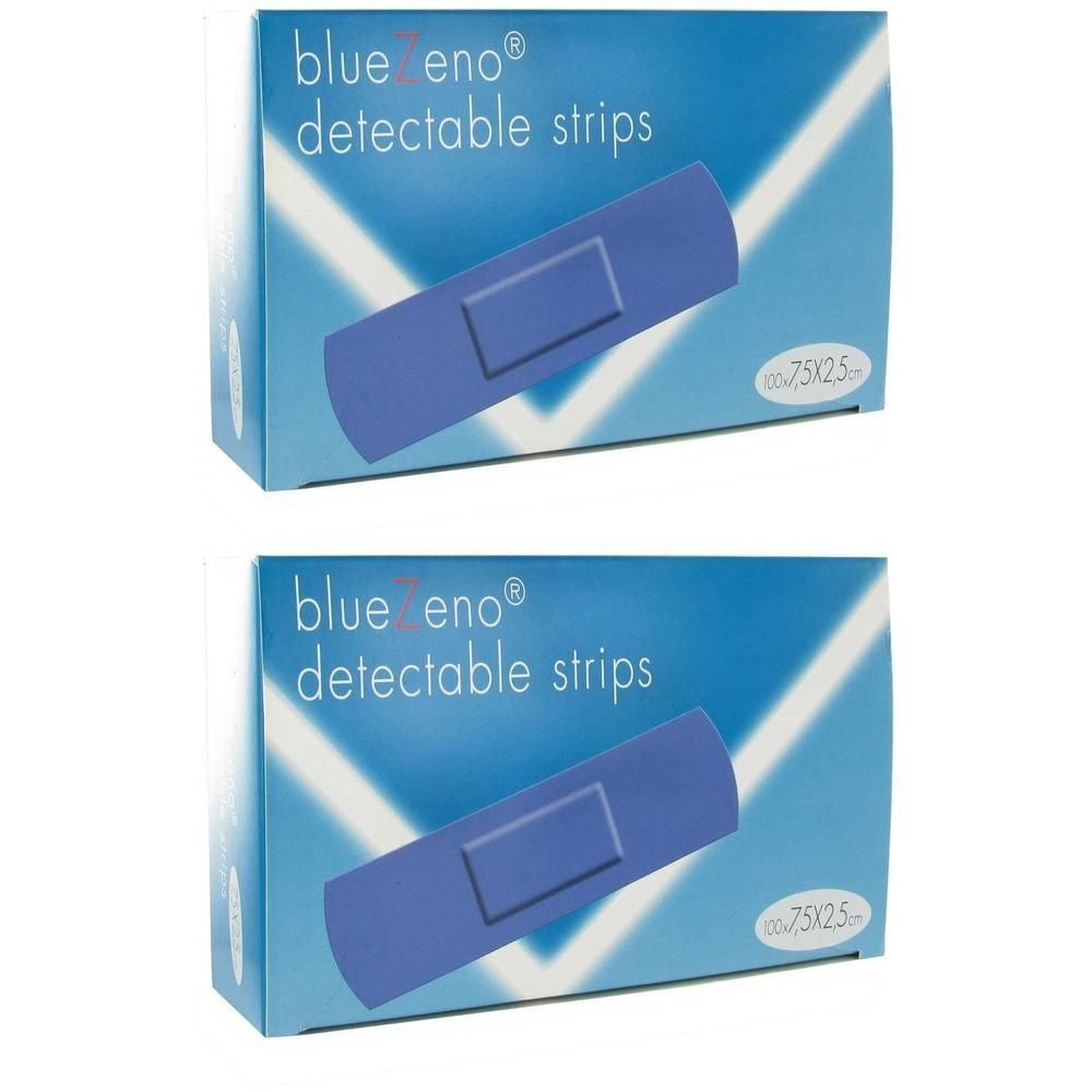 Deux boîtes de pansements détectables bleus, 7,5x2,5 cm.