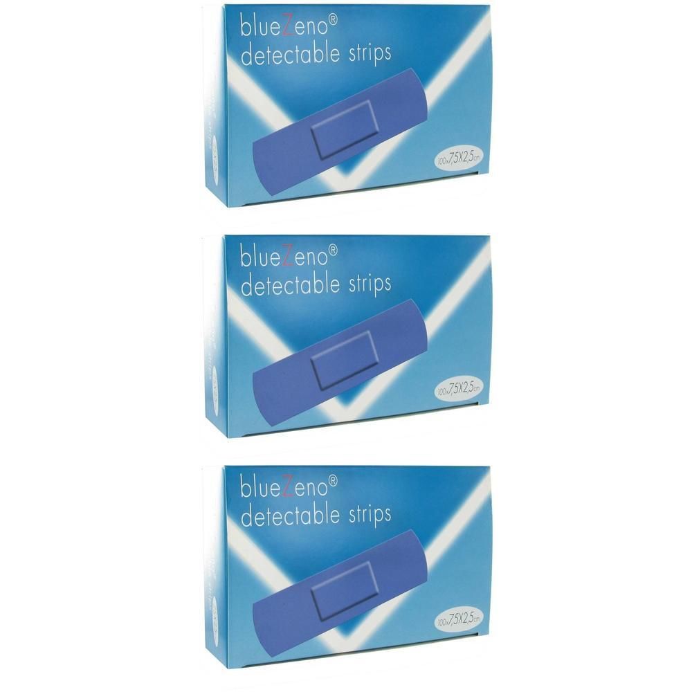 Trois paquets de pansements détectables bleus avec motif en V blanc et informations produit.