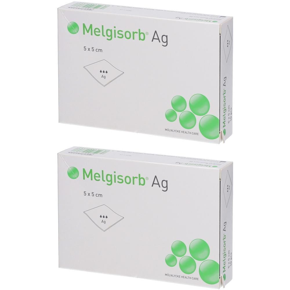 Twee pakken Melgisorb Ag compressen, steriel, 5x5cm.