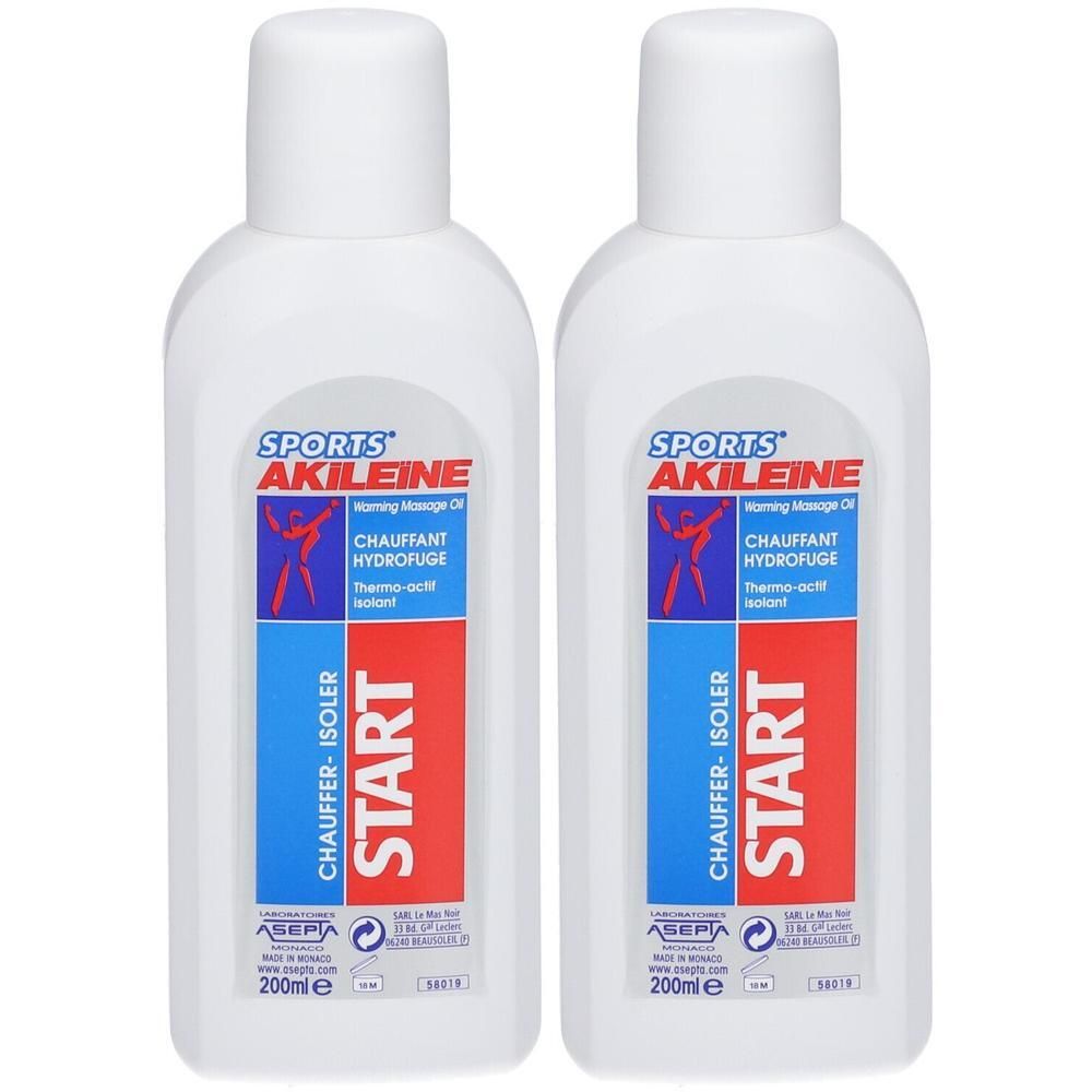 Deux flacons d'huile de massage chauffante Akileïne Sports Start, 200ml.