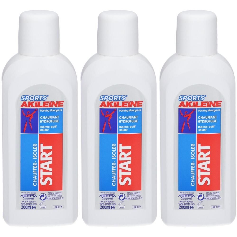 Trois flacons blancs avec inscription Sport Akileïne Start Chauffant Hydrofuge. 200ml.