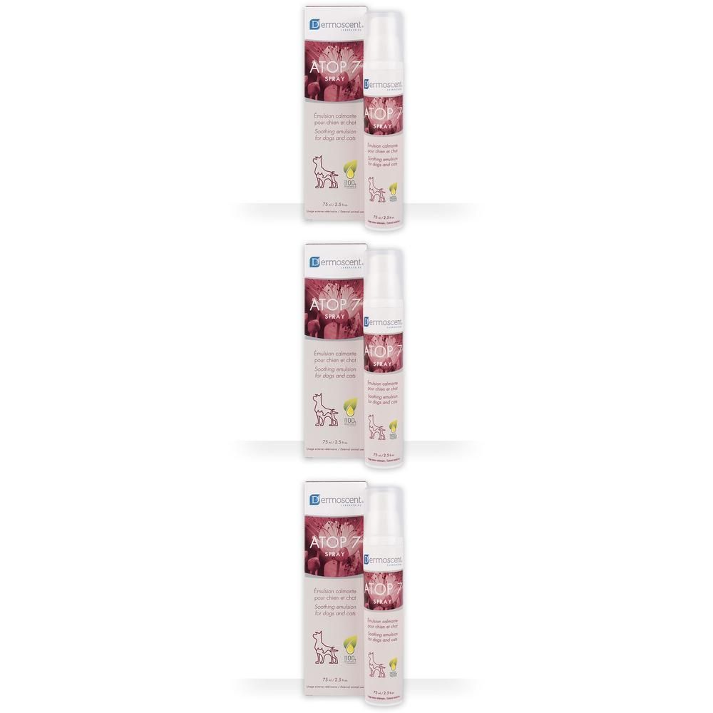 Dermoscent Atop Chien Spray: Twee flacons en dozen met giraffen- en hondenmotief.