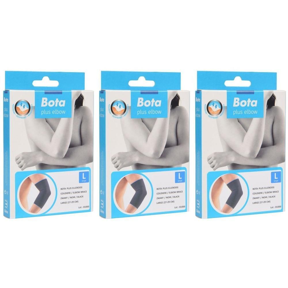Drie verpakkingen Bota Plus elleboogbrace zwart, maat L.