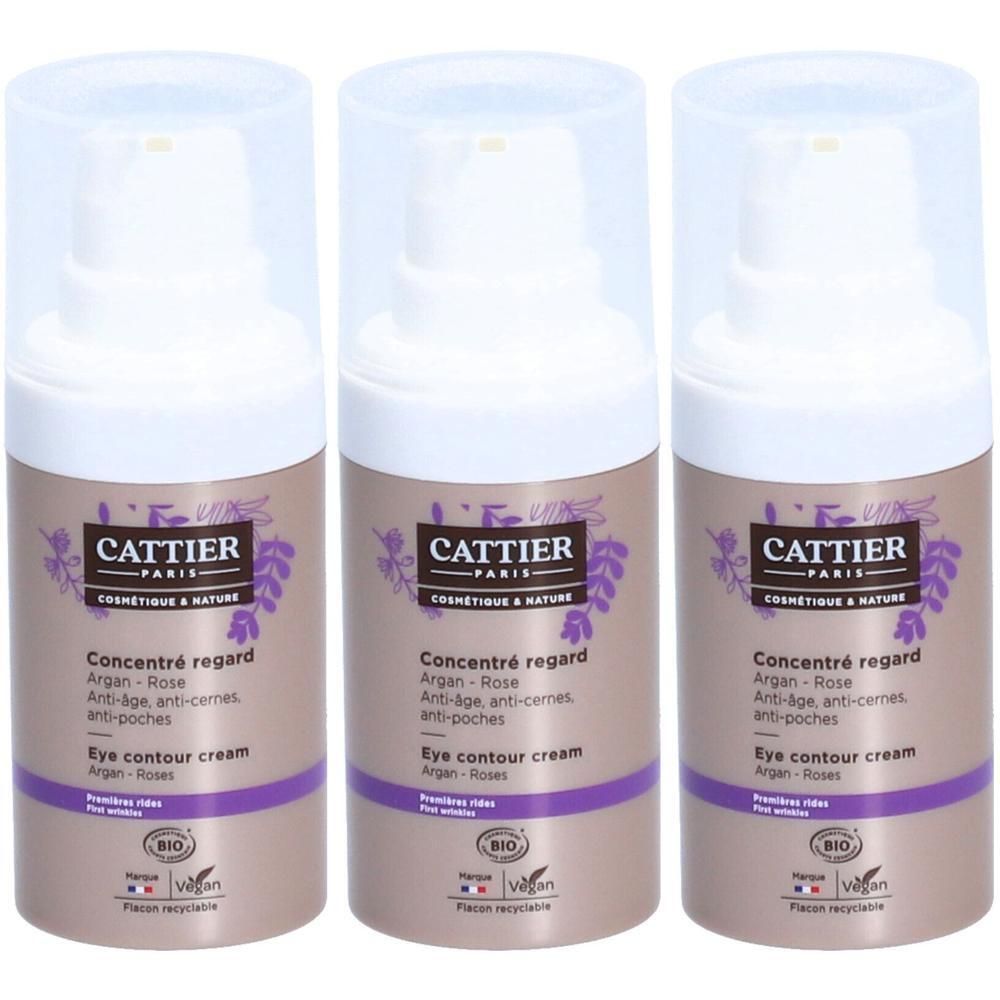 Drie flacons Cattier Concentré Regard oogcrème met pompdos en transparante doppen.