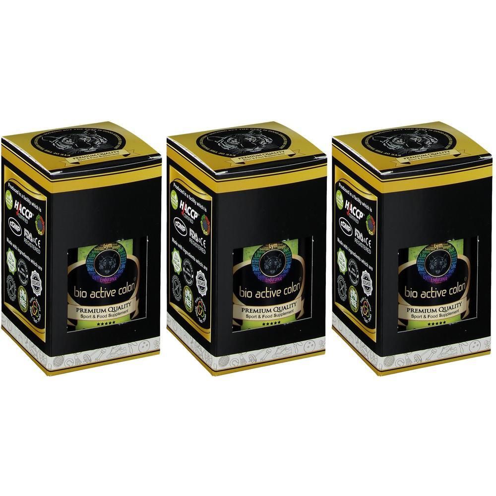 Drie verpakkingen Bio Active Colon voedingssupplementen, zwart en goud design.